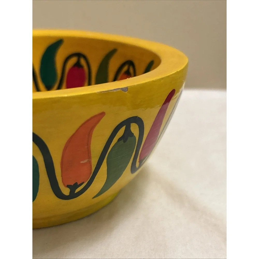 Pedro Marcos Signed Mexican Folk Art Hand Painted Wood Chili Pepper Bowl Yellow